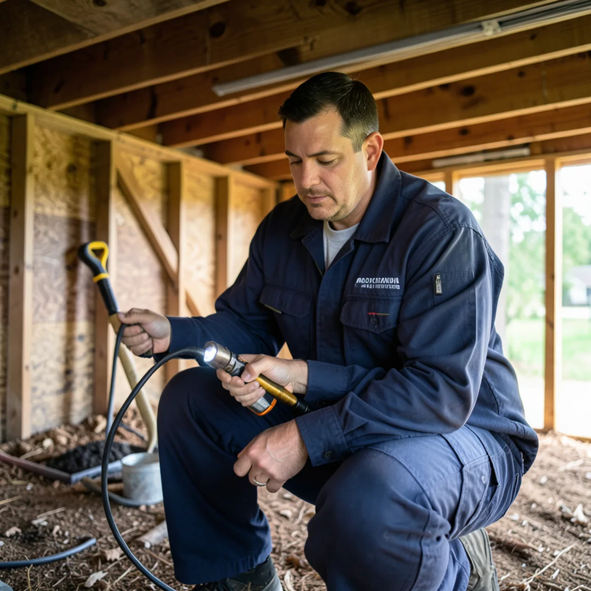 Contractor conducting annual crawl space re-inspection with high-power flashlight