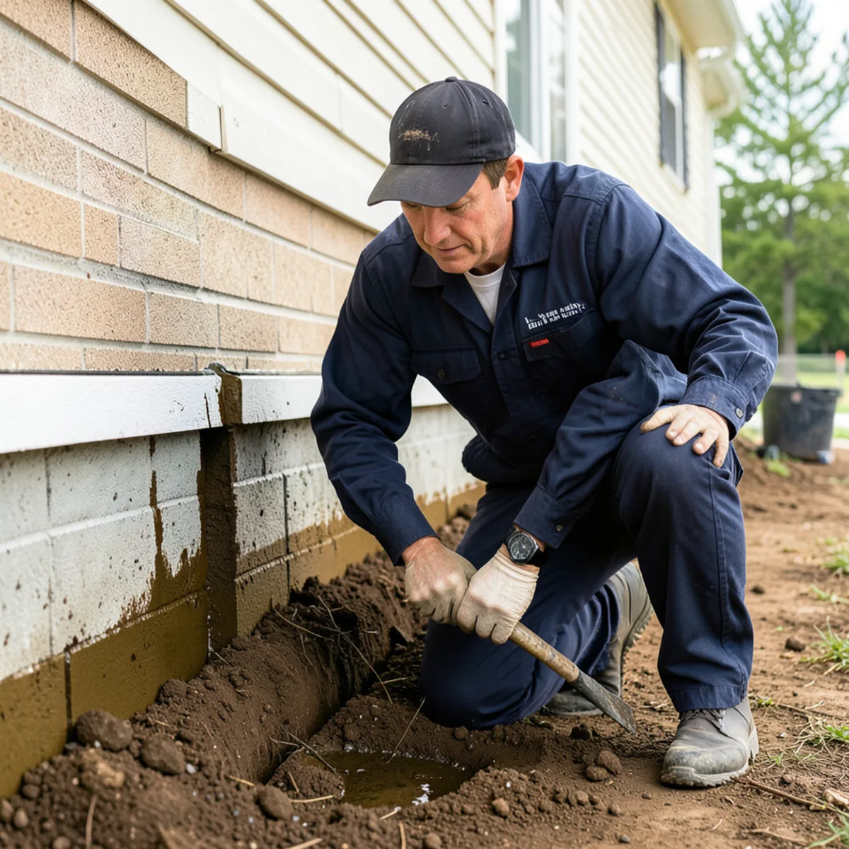 Perimeter soil trenching along foundation footing for liquid barrier installation