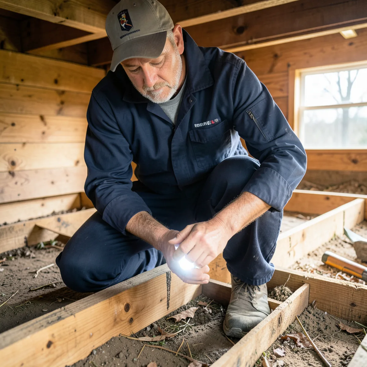 Inspector shining bright beam across crawl space subfloor joists and band boards
