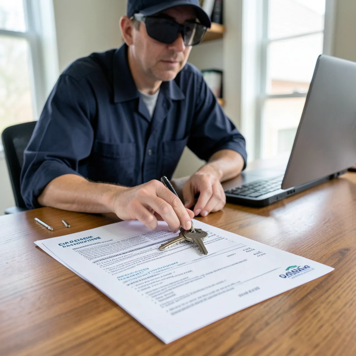 Real estate closing contract paperwork and house keys on conference table