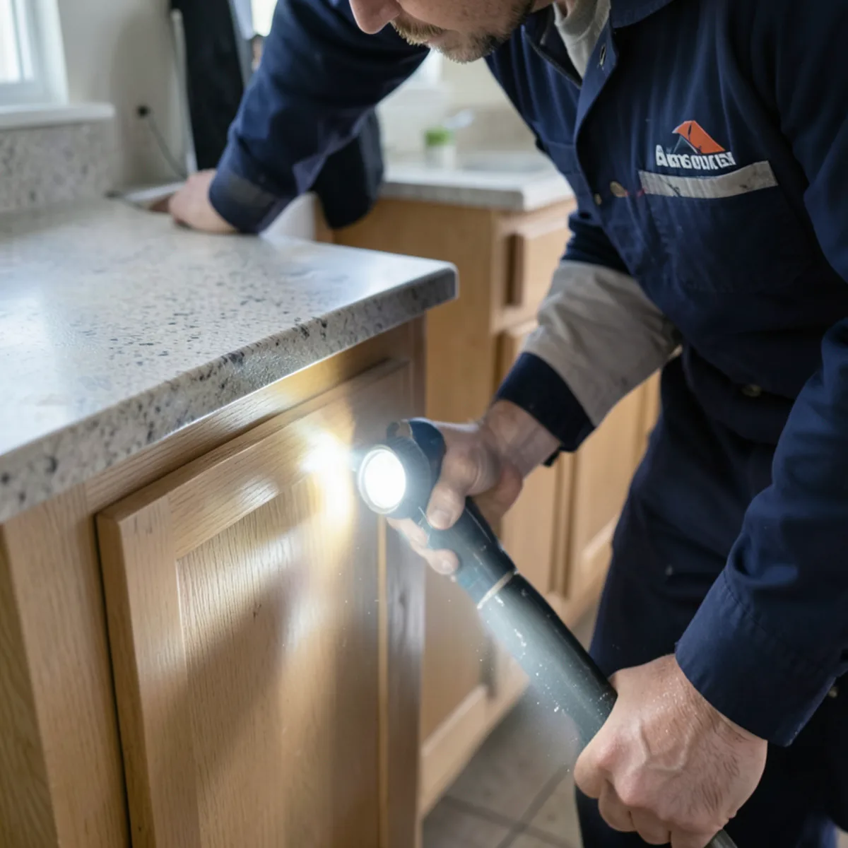 Flashlight beam illuminating narrow seam under laminate kitchen countertop