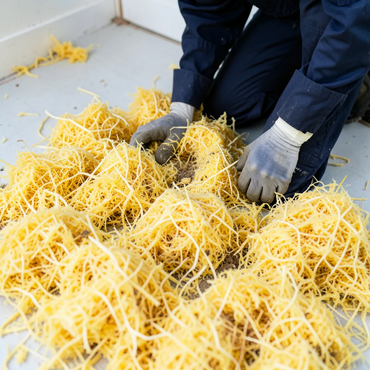 Damaged and shredded yellow fiberglass subfloor insulation caused by nesting rodents
