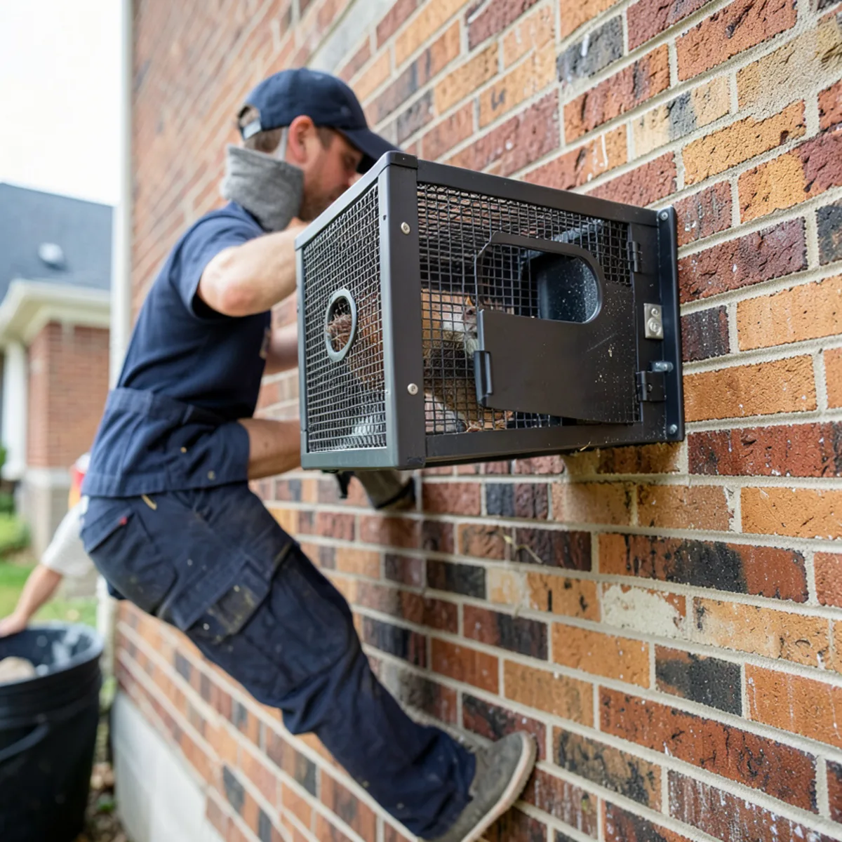 Tamper-proof black rodent monitoring box anchored along exterior brick wall