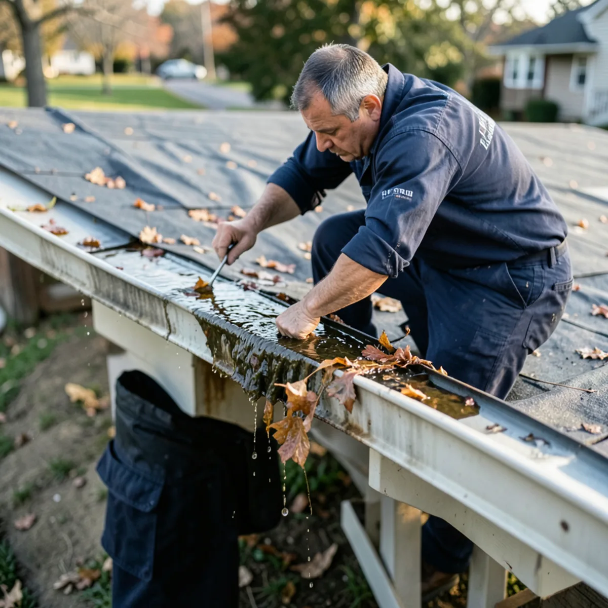 Clogged roof gutter holding standing rainwater and decomposing pine needles