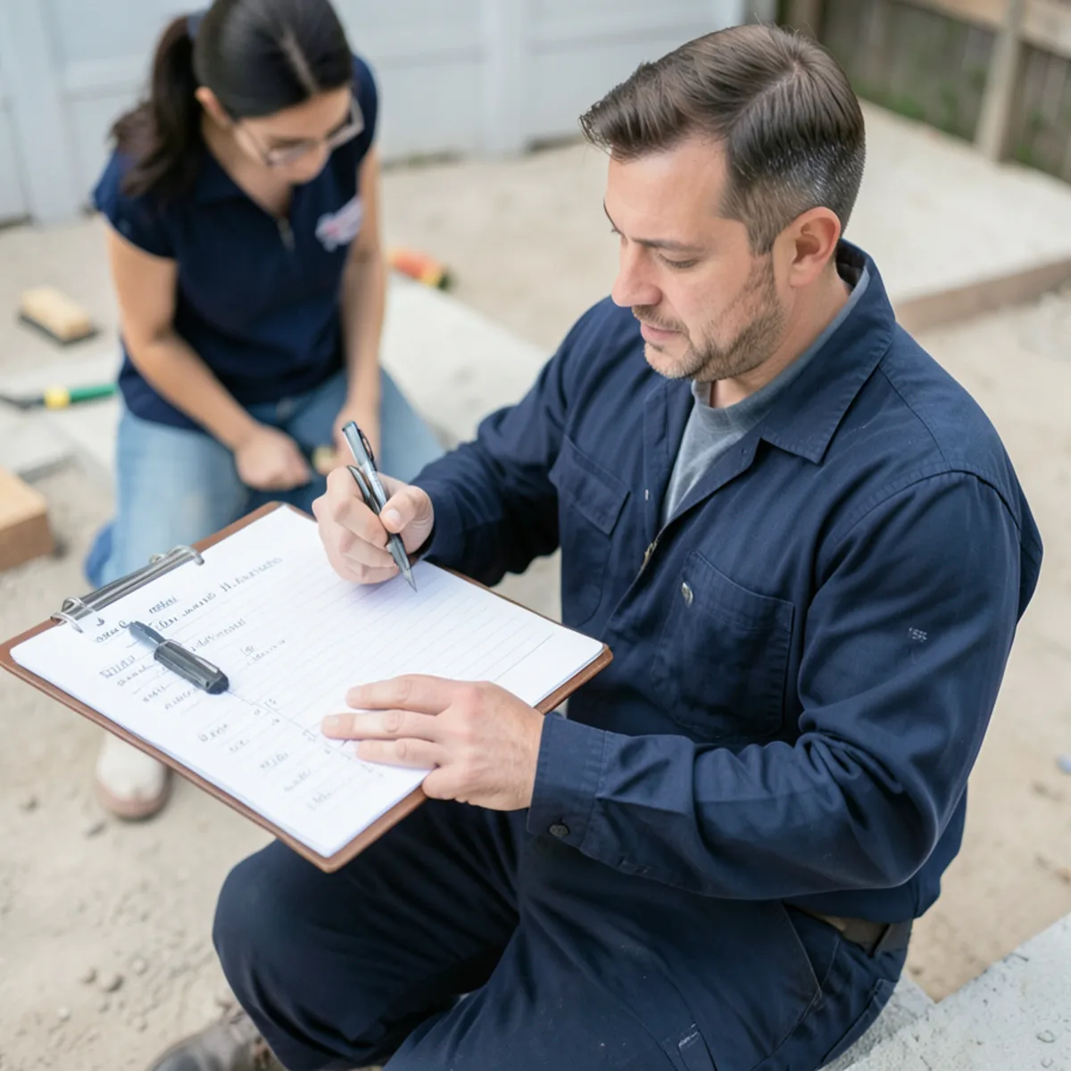 Technician taking exterior square footage measurements and recording inspection notes