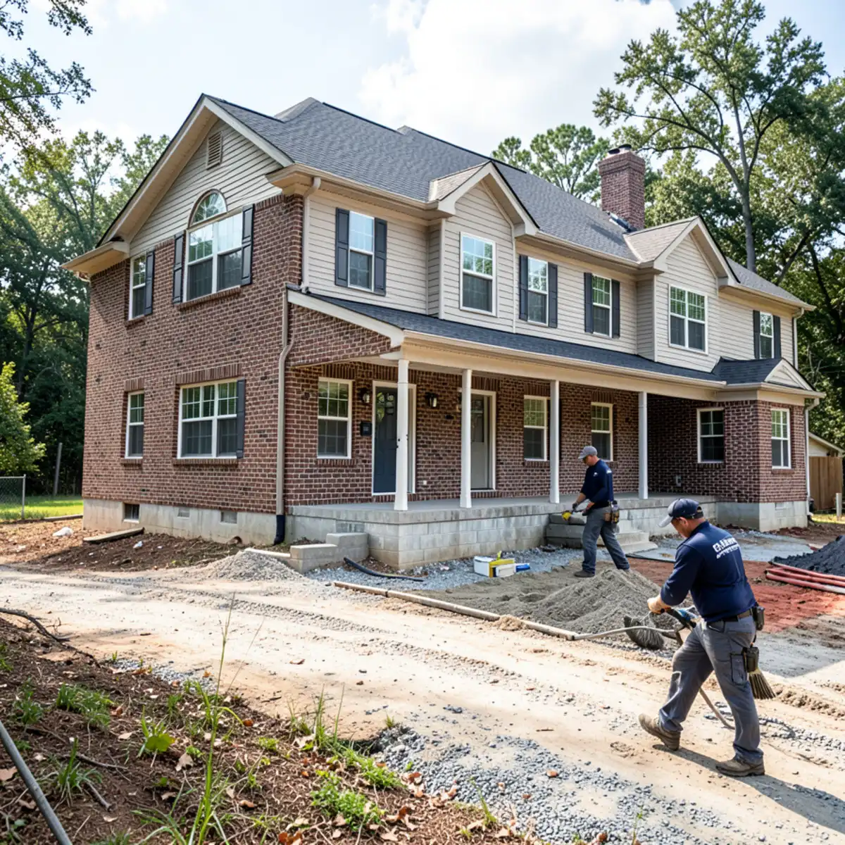 Large two-story home with expansive perimeter landscaping and three-car garage