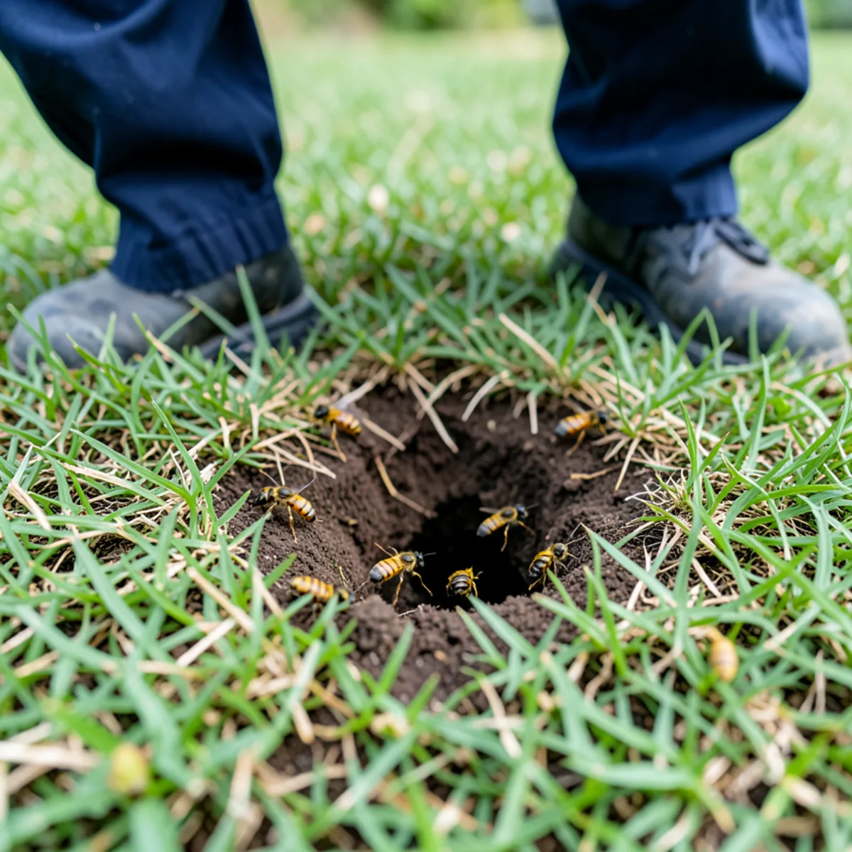 Concealed rodent burrow opening in turf lawn with yellow jackets rapidly exiting and entering