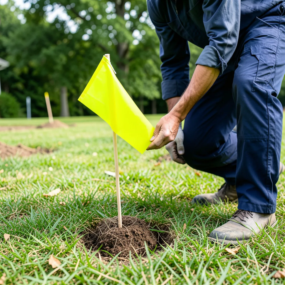 Bright orange safety marker flag placed 15 feet away from active stinging insect colony
