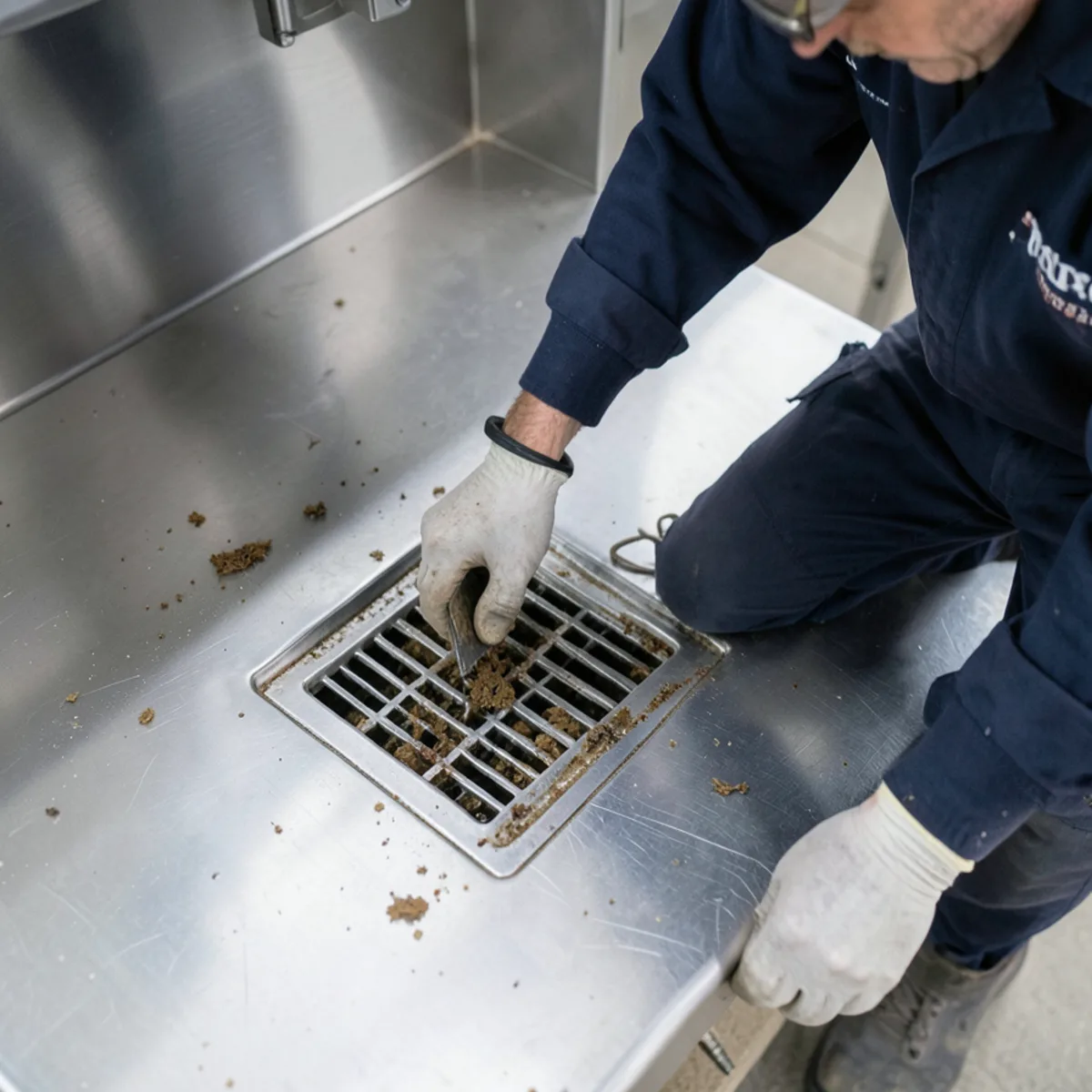 Commercial stainless steel restaurant kitchen floor drain inspected for organic buildup