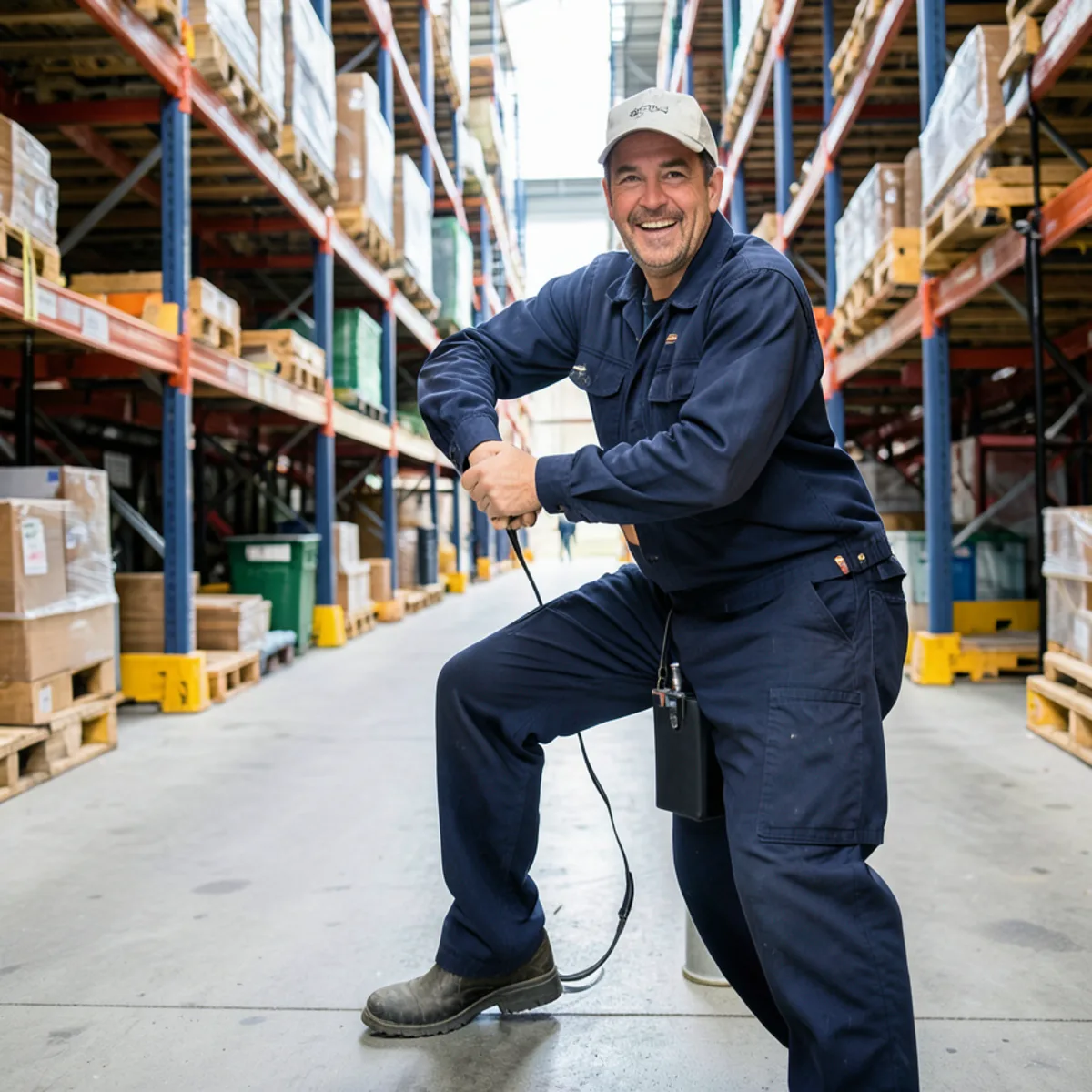 Pest monitoring devices stationed along industrial pallet racking aisles in distribution center