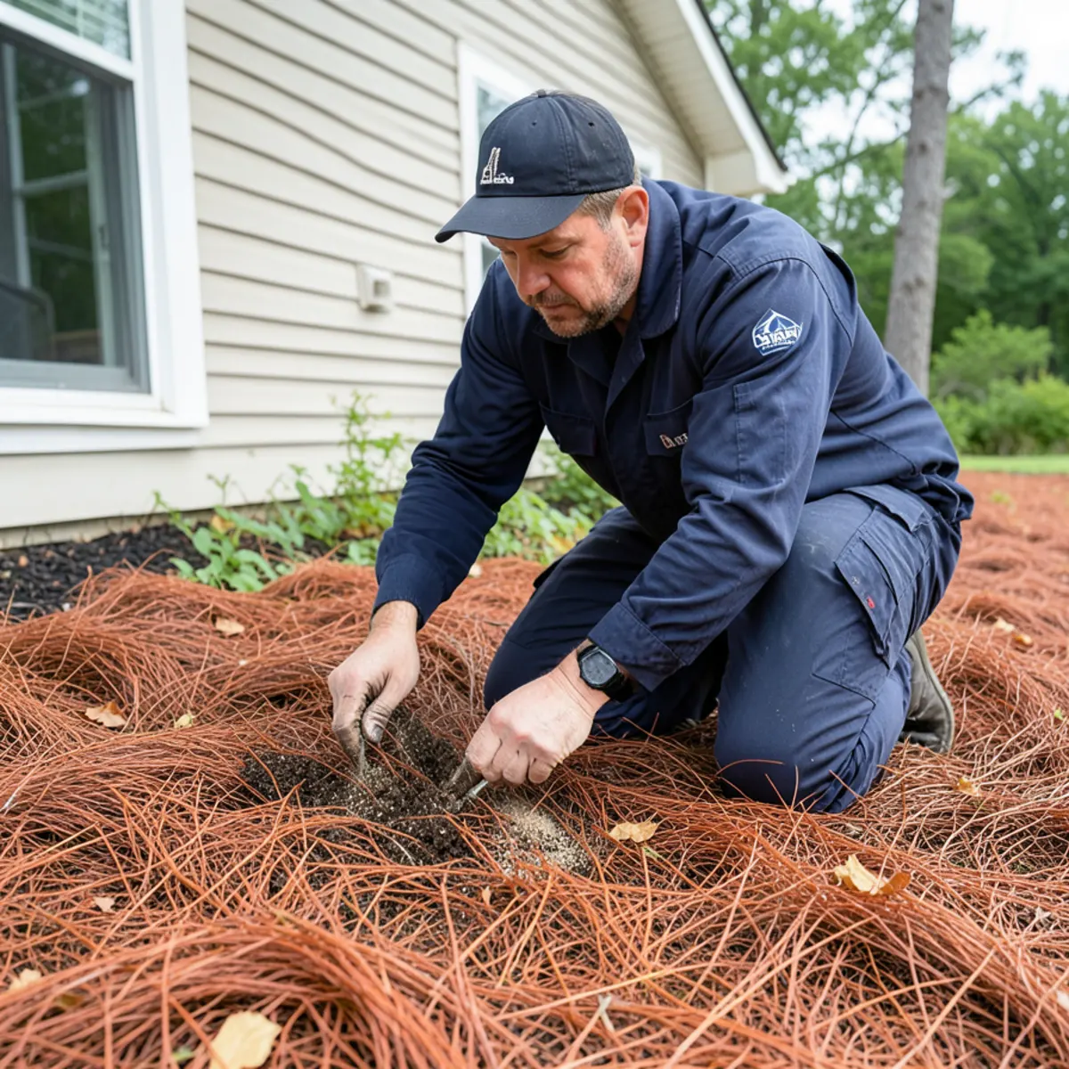 Granular insect control applied into thick pine straw landscaping beds beside foundation