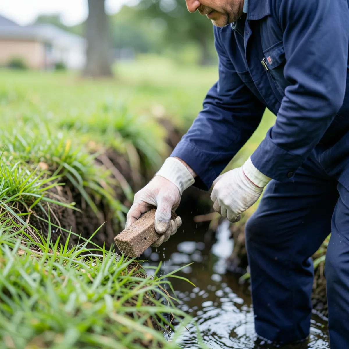 Applying biological larvicide briquette into a grassy neighborhood stormwater ditch