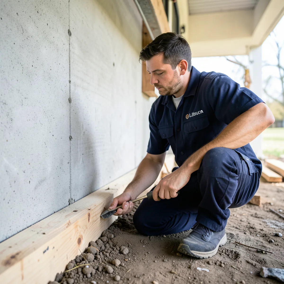 Checking basement framing and sill plate wood for moisture and termite tunneling