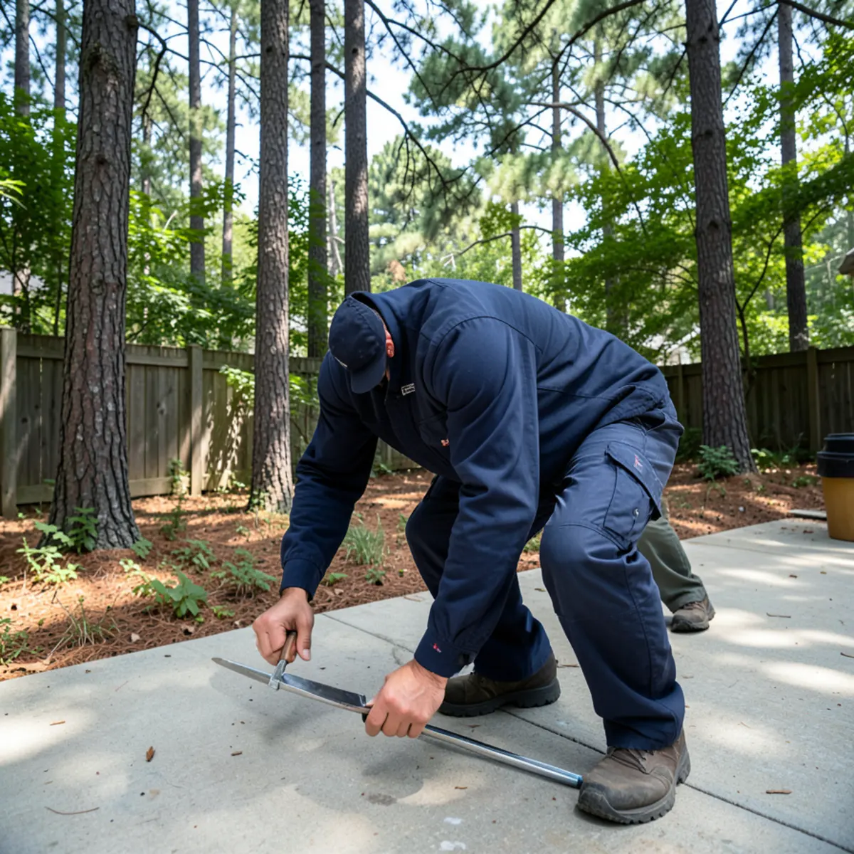 Dense pine and oak tree canopy shading suburban yard in Lilburn Gwinnett County