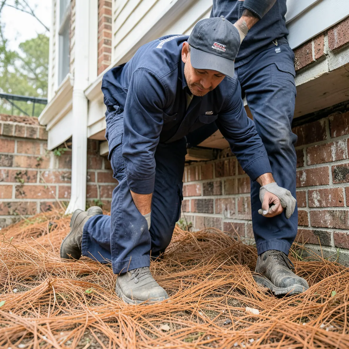 Crawl space foundation perimeter of a 1990s home surrounded by pine straw in Lithonia