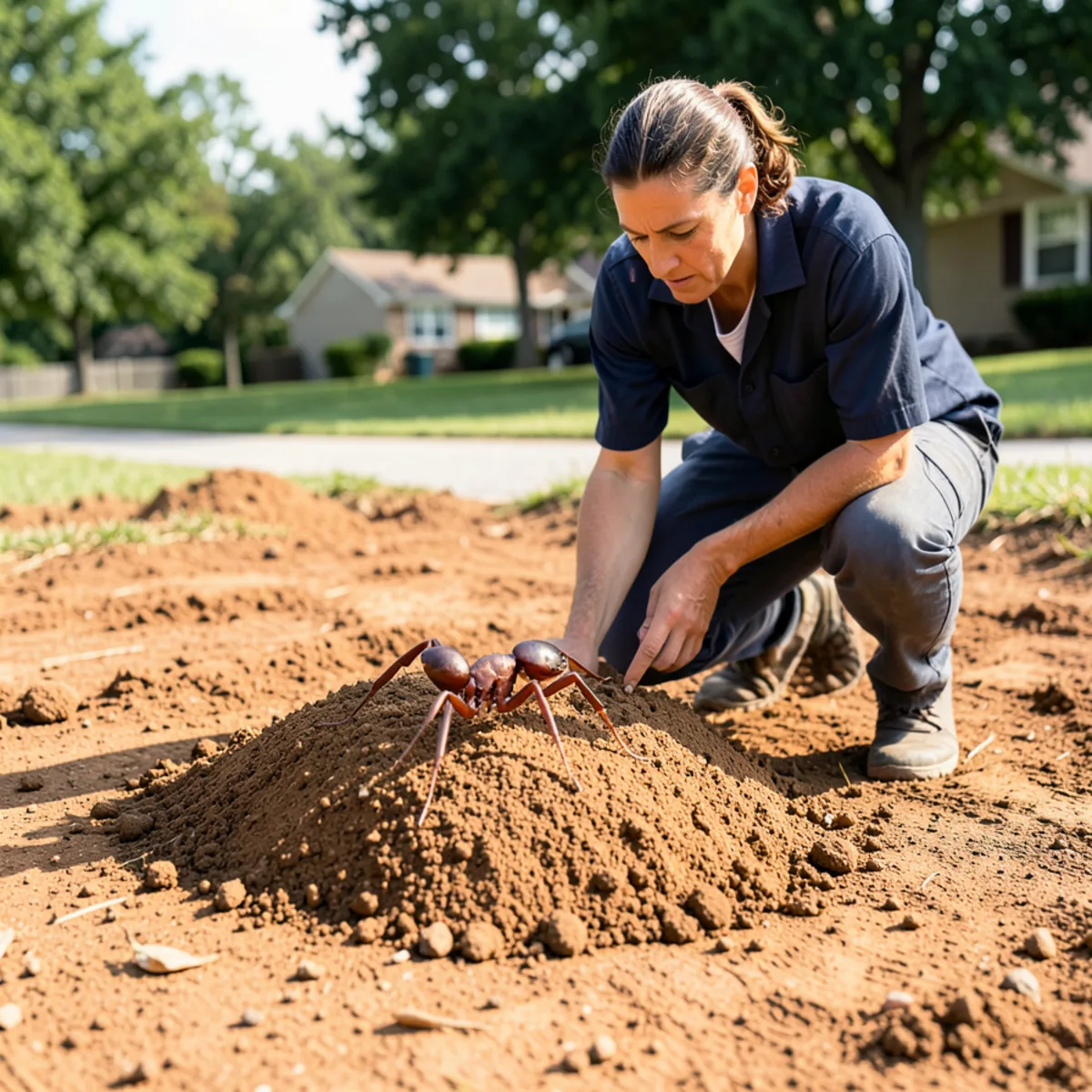 Red imported fire ant mounds active in red clay soil on a residential lot in Loganville