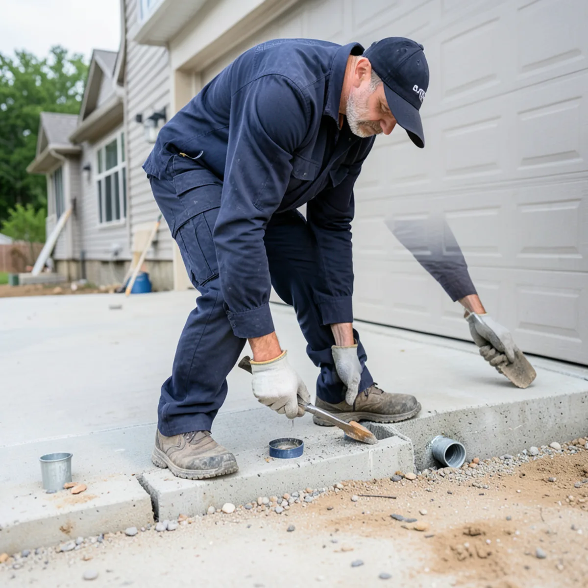 Concrete slab expansion joint in garage treated for subterranean termite entry prevention
