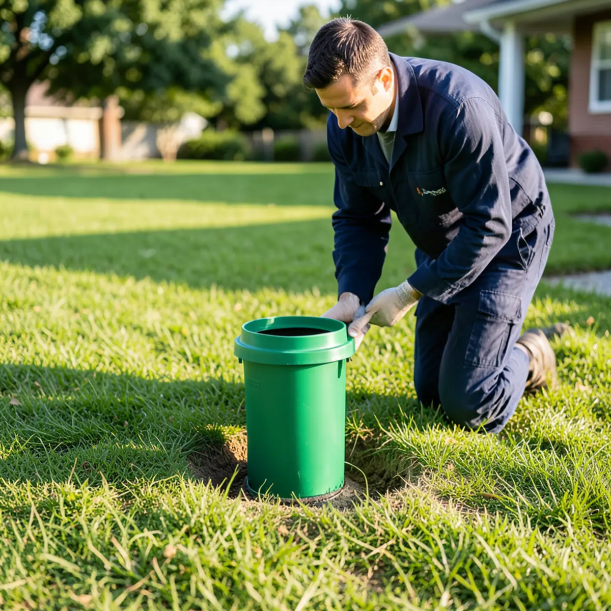In-ground subterranean termite bait station installed flush with lawn sod along foundation
