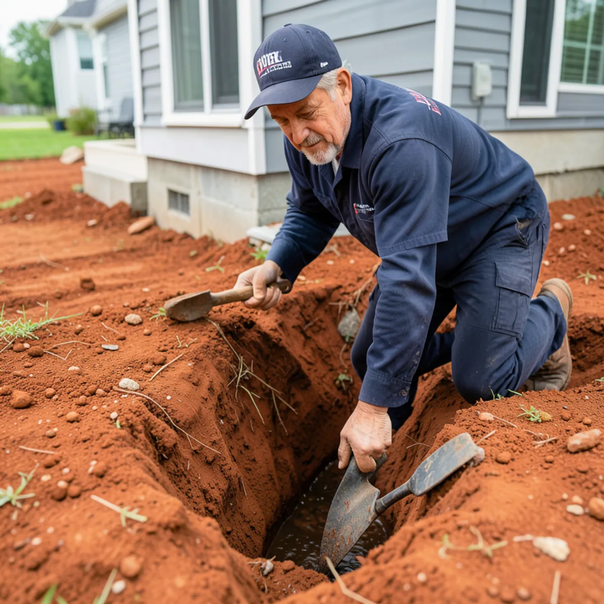 Trenching red clay soil along foundation wall for continuous liquid termiticide treatment
